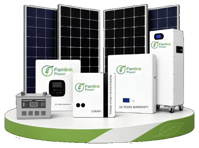 Famlink Power solar panels, hybrid inverters, and lithium batteries on a display podium