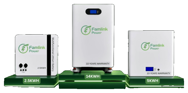 Famlink Power 2.5 kWh, 5 kWh, and 14 kWh lithium batteries