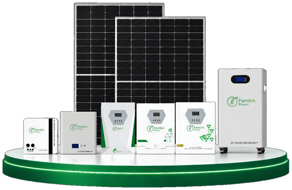 Famlink Power lithium batteries, hybrid inverters, and solar panels on a display platform